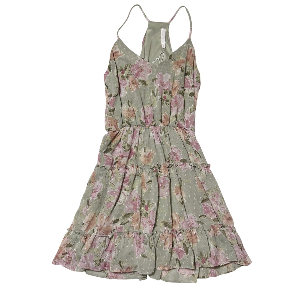 Lush Sage Coral Floral Tiered Mini Dress Small Clip Swiss Dot Racerback - New